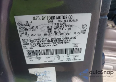 2012 Ford Escape Limited z USA, uszkodzony, nr VIN 1FMCU0EG6CKA36481